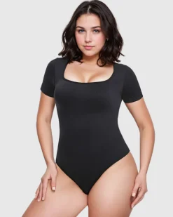 Short Sleeve Square Neck Thong Bodysuit-Revenge Body Fashion