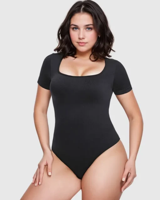 Short Sleeve Square Neck Thong Bodysuit-Revenge Body Fashion